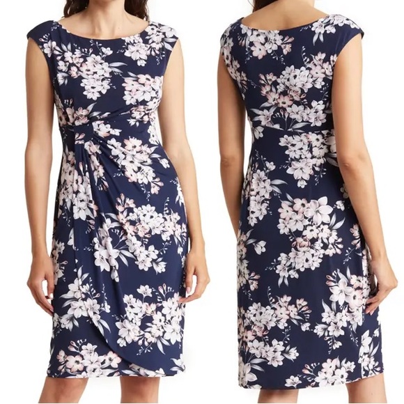 Connected Apparel Cap Sleeve Mock Wrap Dress Tan dots - Picture 16 of 16